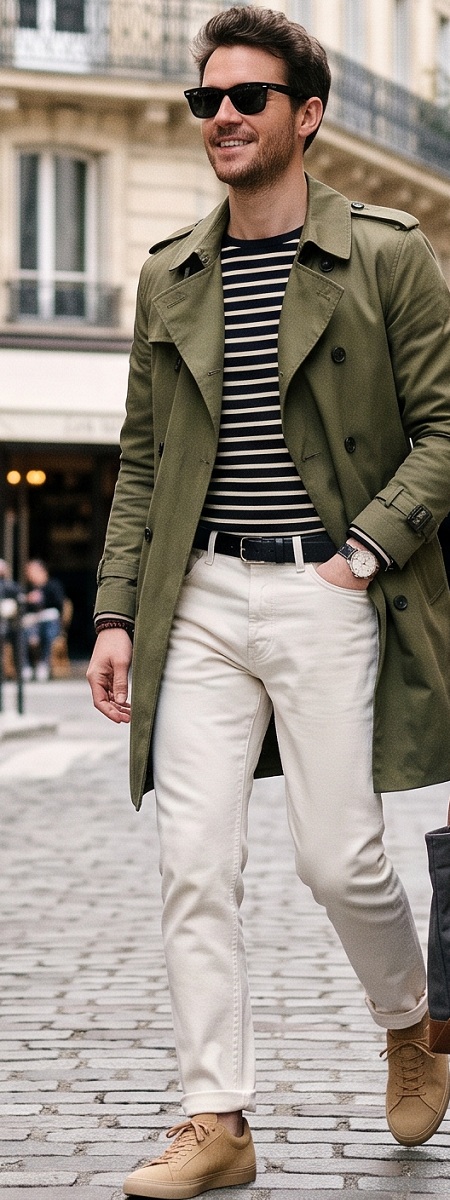 Parisian Chic Olive Trench Coat with Navy Breton Striped Shirt, Ecru Denim Jeans, and Tan Suede Sneakers Outfit