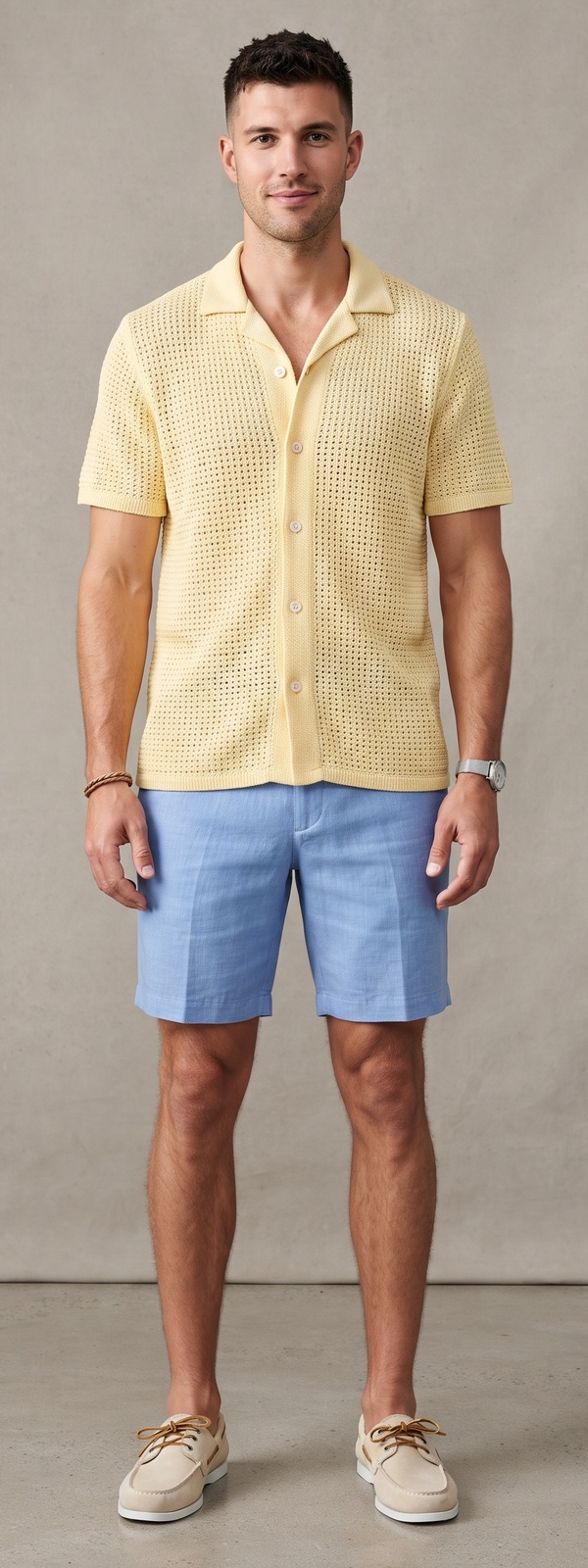 Pastel Yellow Crochet Knit Shirt and Sky Blue Linen Shorts Look