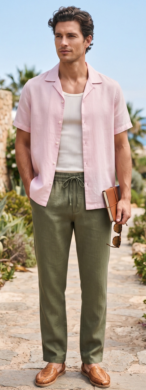 Pink Linen Camp Collar Shirt with Olive Drawstring Pants and Leather Huaraches