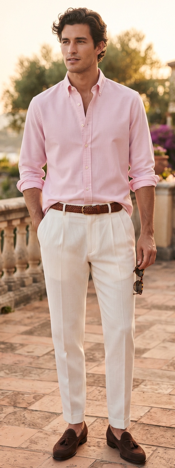 Pink Oxford Cloth Button-Down with White Linen Trousers and Suede Loafers