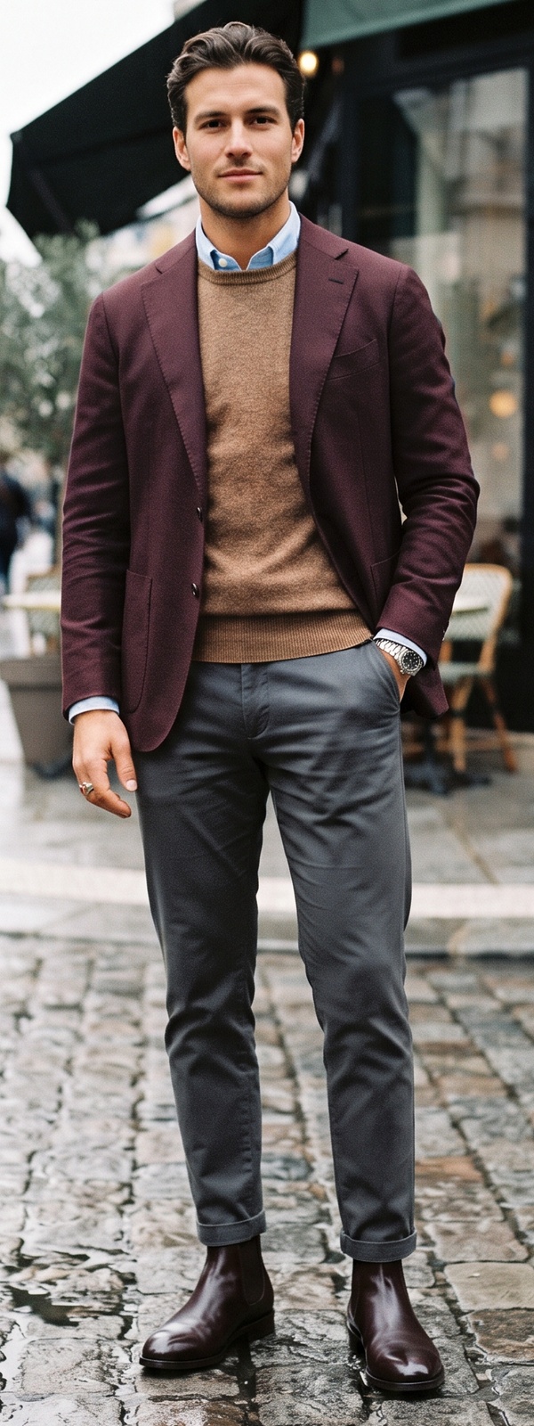 Autumn Smart Casual Plum Blazer with Camel Sweater and Charcoal Chinos