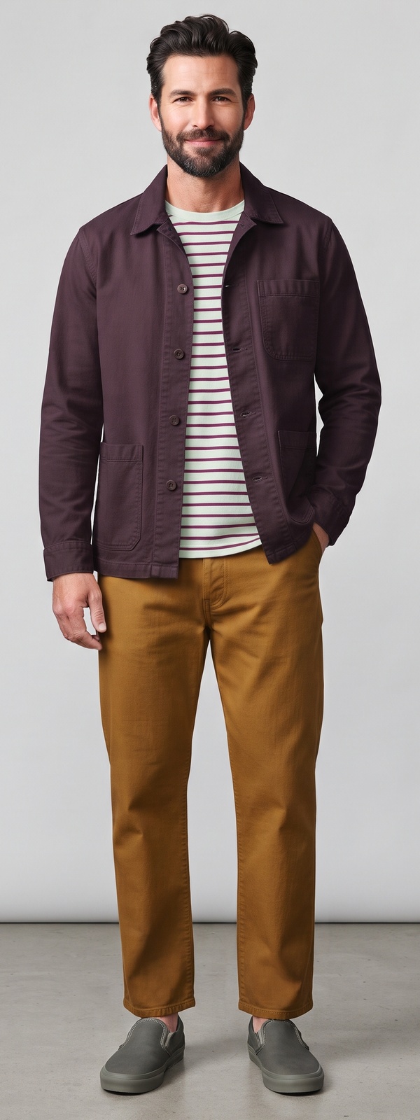 Plum Chore Jacket Striped Tee and Ochre Chino Pants Look