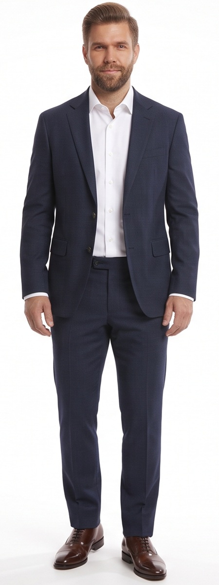 Polished Business Formal Navy Suit with White Dress Shirt and Brown Oxfords