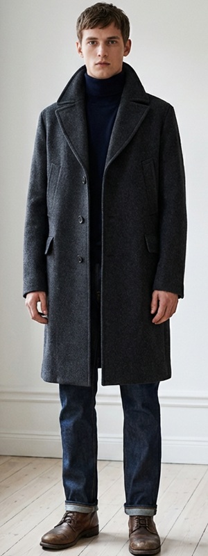 Polished Charcoal Wool Overcoat and Navy Turtleneck Winter Look
