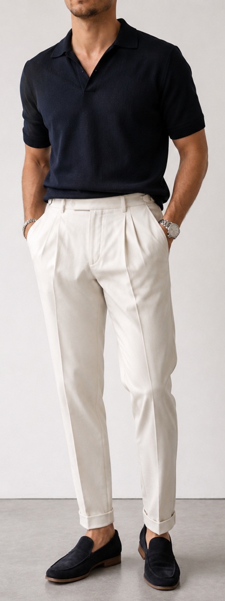 Polished Italian Sprezzatura Navy Polo and Cream Trousers