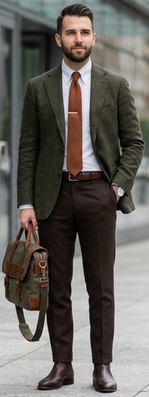 Polished Olive Tweed Blazer and Dark Brown Trousers Look