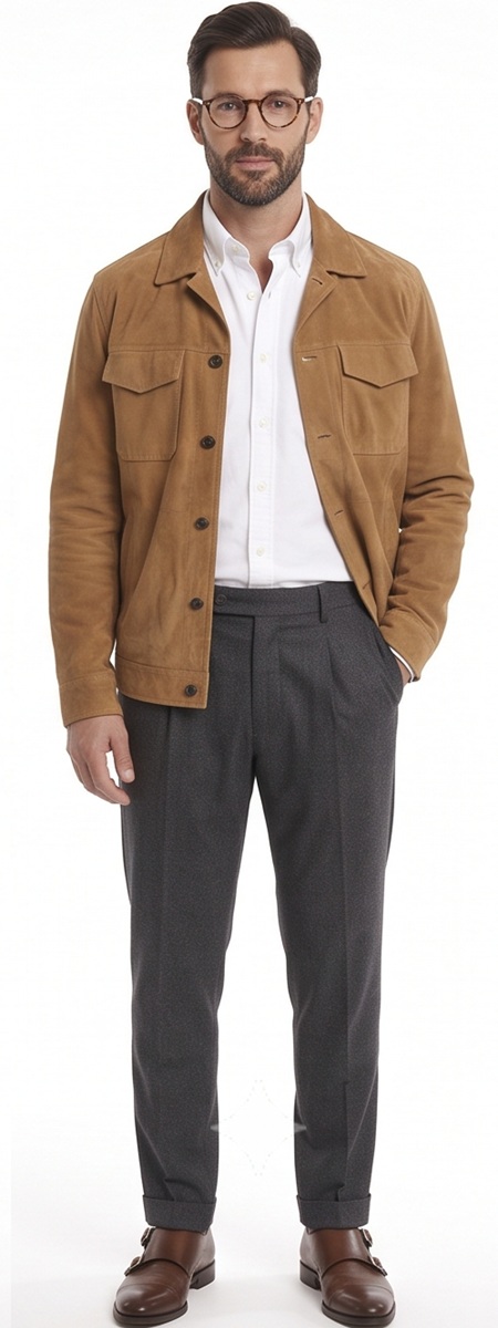 Polished Smart Casual Look with Tan Suede Jacket and Charcoal Trousers
