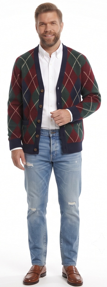 Preppy Men's Argyle Cardigan Sweater and White Shirt Outfit with Distressed Jeans