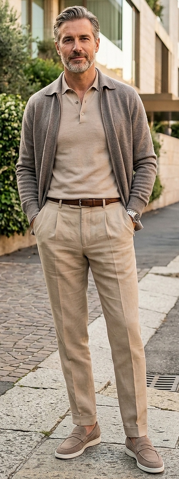 Quiet Luxury Cashmere Zip Overshirt and Knitted Polo with Sand Trousers