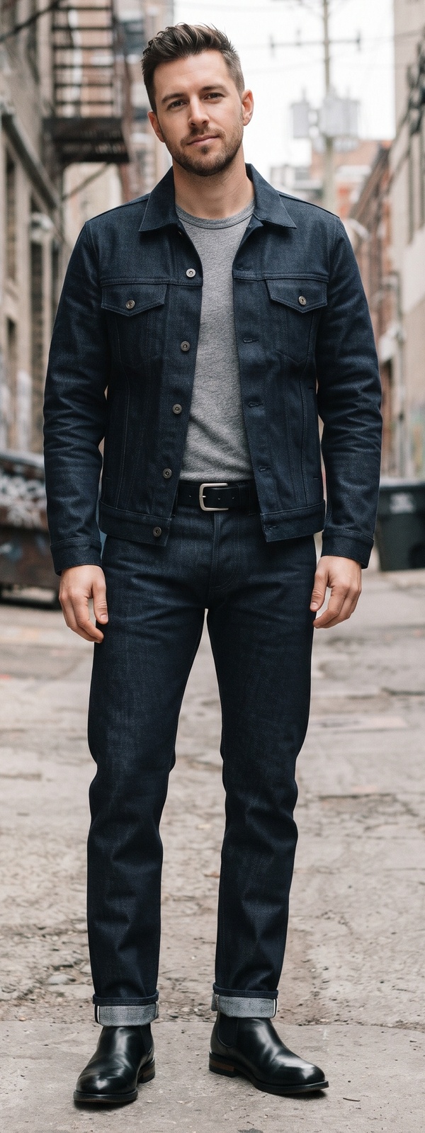 Raw Indigo Denim Trucker Jacket, Grey Tee, and Selvedge Jeans