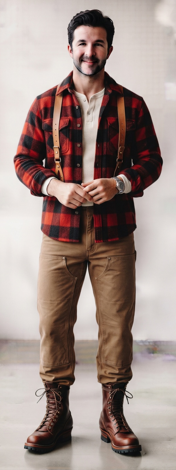 Red Buffalo Plaid Flannel Shirt Jacket with Leather Suspenders and Logger Boots