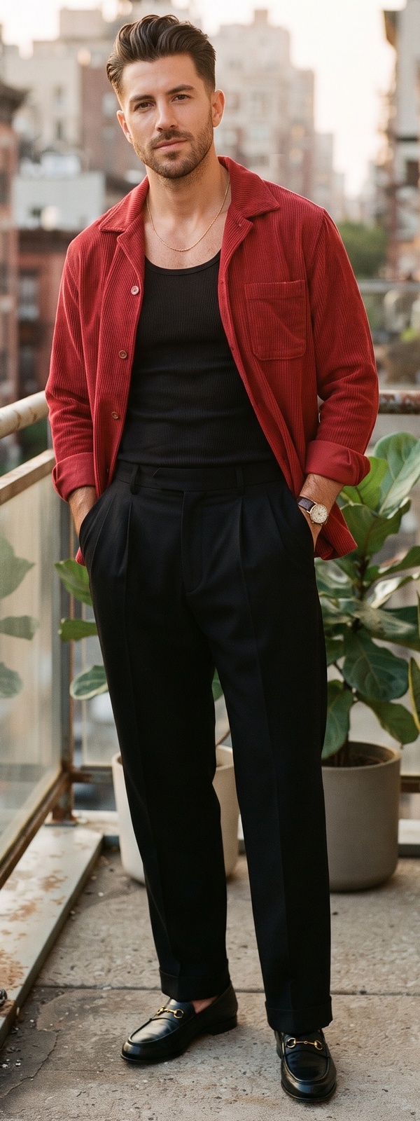 Red Corduroy Overshirt, Black Ribbed Tank, and Pleated Trousers