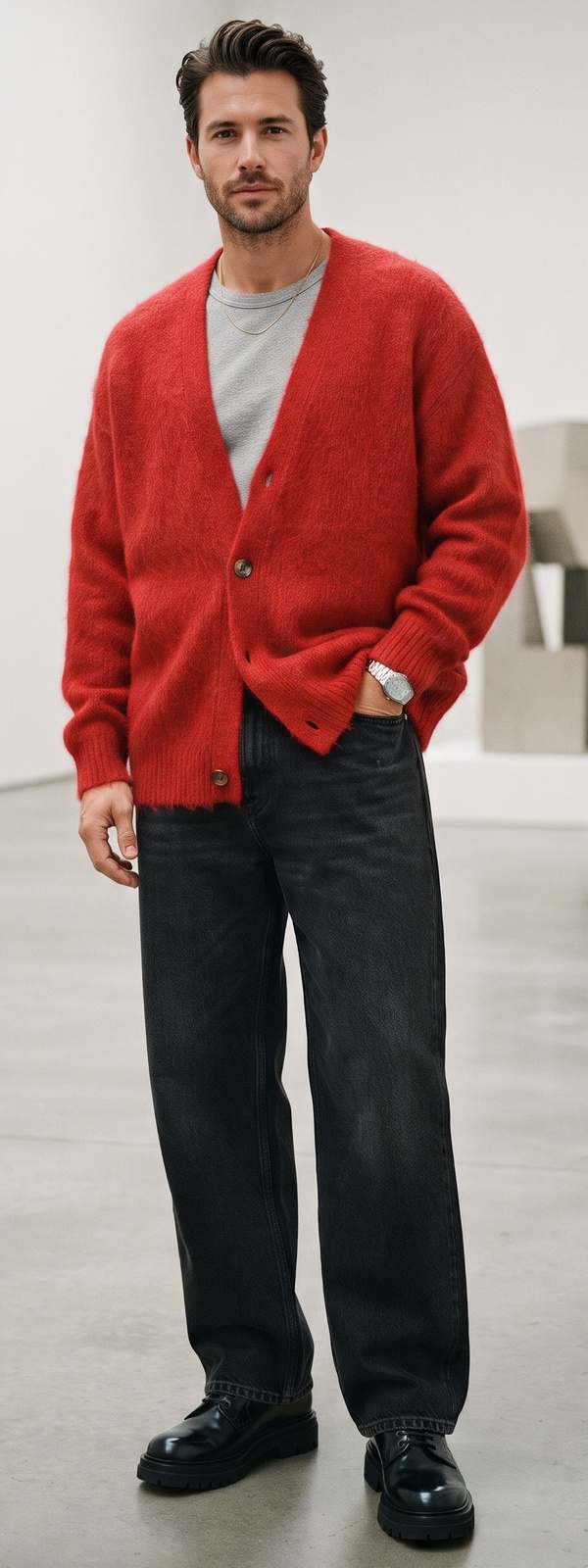 Red Mohair Cardigan, Heather Grey T-Shirt, and Wide-Leg Black Jeans