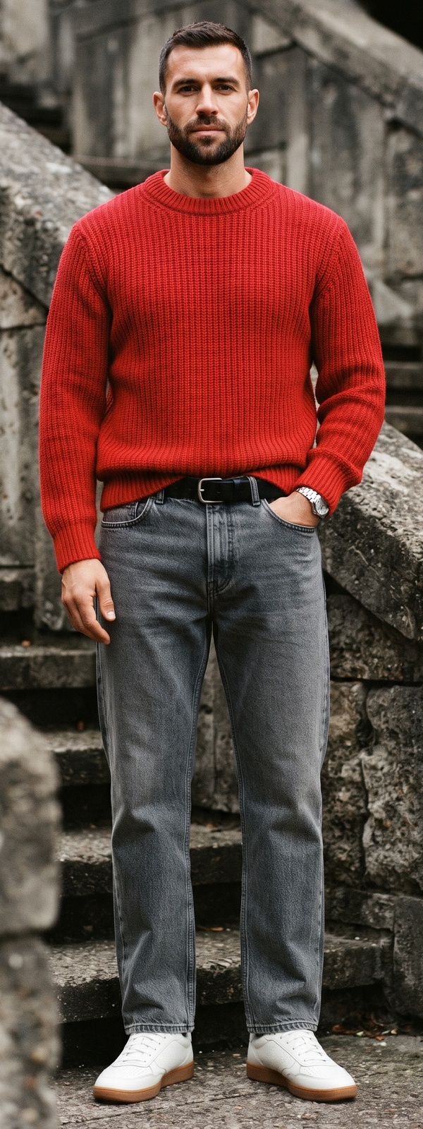 Red Ribbed Crewneck Sweater & Washed Grey Jeans