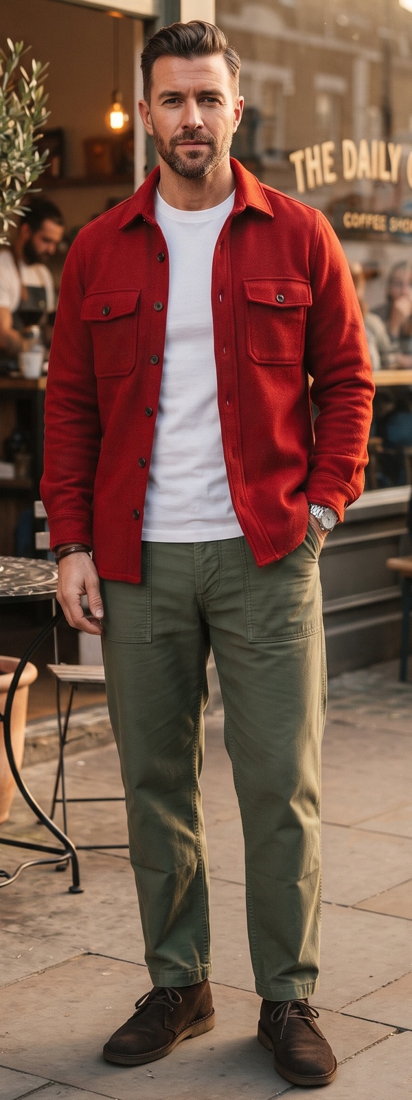 Red Wool Overshirt, White T-Shirt, and Olive Fatigue Pants