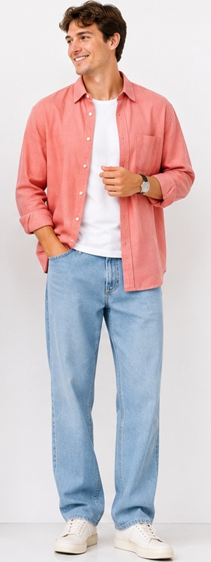 Relaxed Summer Coral Linen Shirt and Light Wash Jeans Look