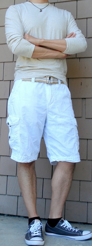 Relaxed Summer Vibe with Beige Long Sleeve Tee and White Cargo Shorts
