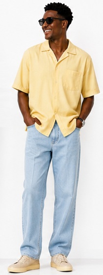 Relaxed Summer Vibe with Yellow Camp Collar Shirt and Light Wash Jeans