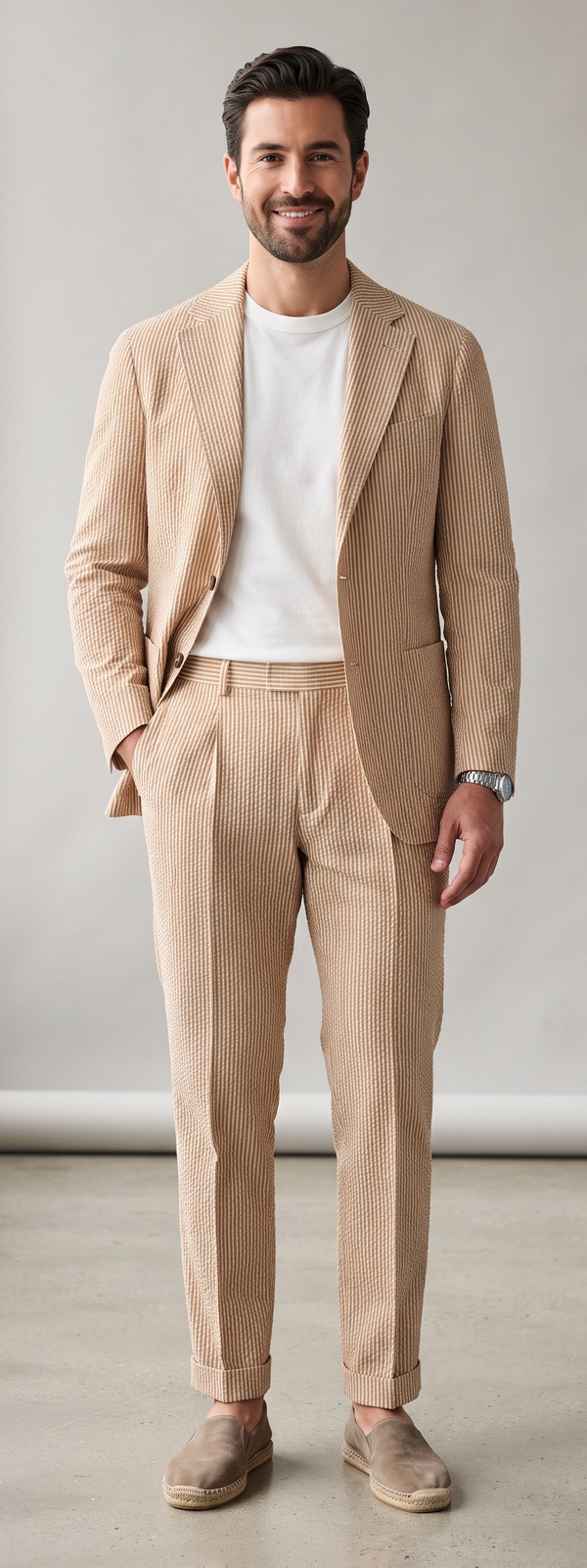 Relaxed Tan Seersucker Suit with White Tee and Suede Espadrilles