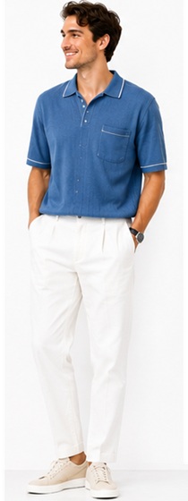 Resort Casual Blue Knit Polo and White Chino Pants