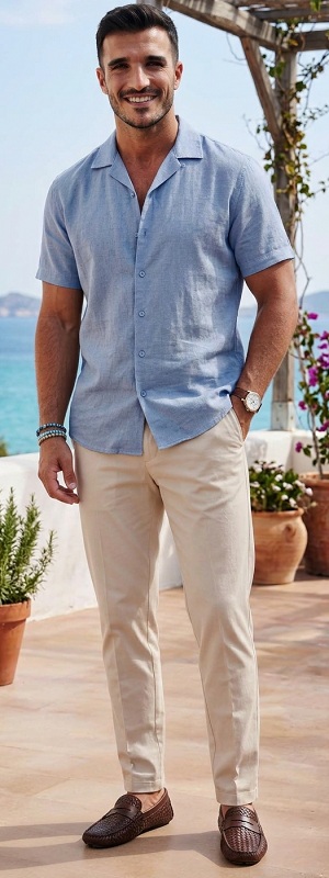 Resort Casual Light Blue Camp Collar Shirt with Beige Chino Pants and Woven Loafers Outfit