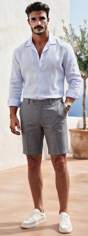 Resort Casual Light Blue Striped Camp Collar Shirt with Grey Tailored Shorts and White Sneakers Outfit