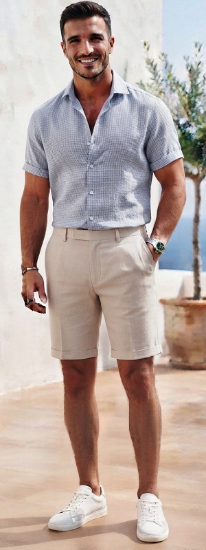 Resort Ready Blue Micro Check Short Sleeve Shirt with Beige Chino Shorts and White Leather Sneakers