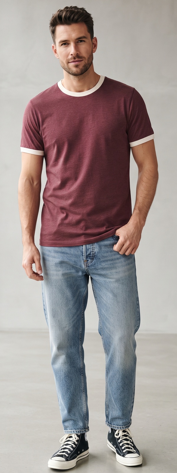 Retro Burgundy Ringer Tee with Light Wash Jeans and High Tops