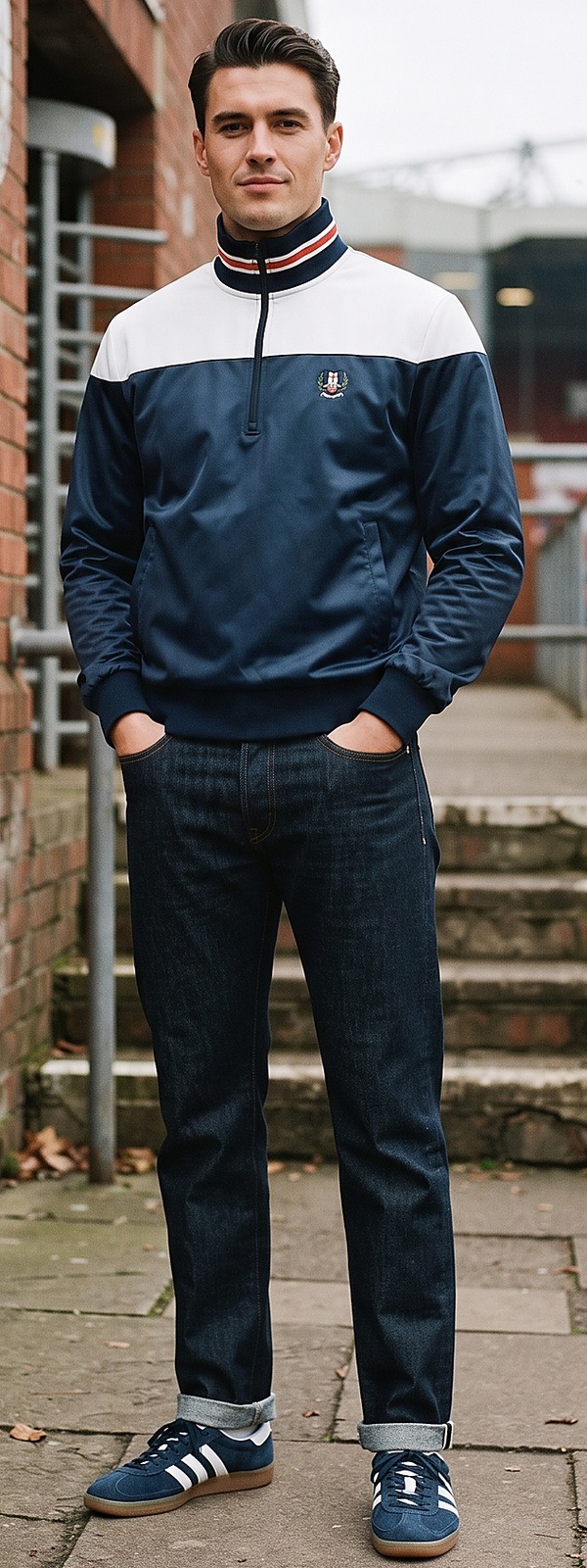 Vintage Retro Colorblock Track Jacket and Dark Selvedge Denim Look