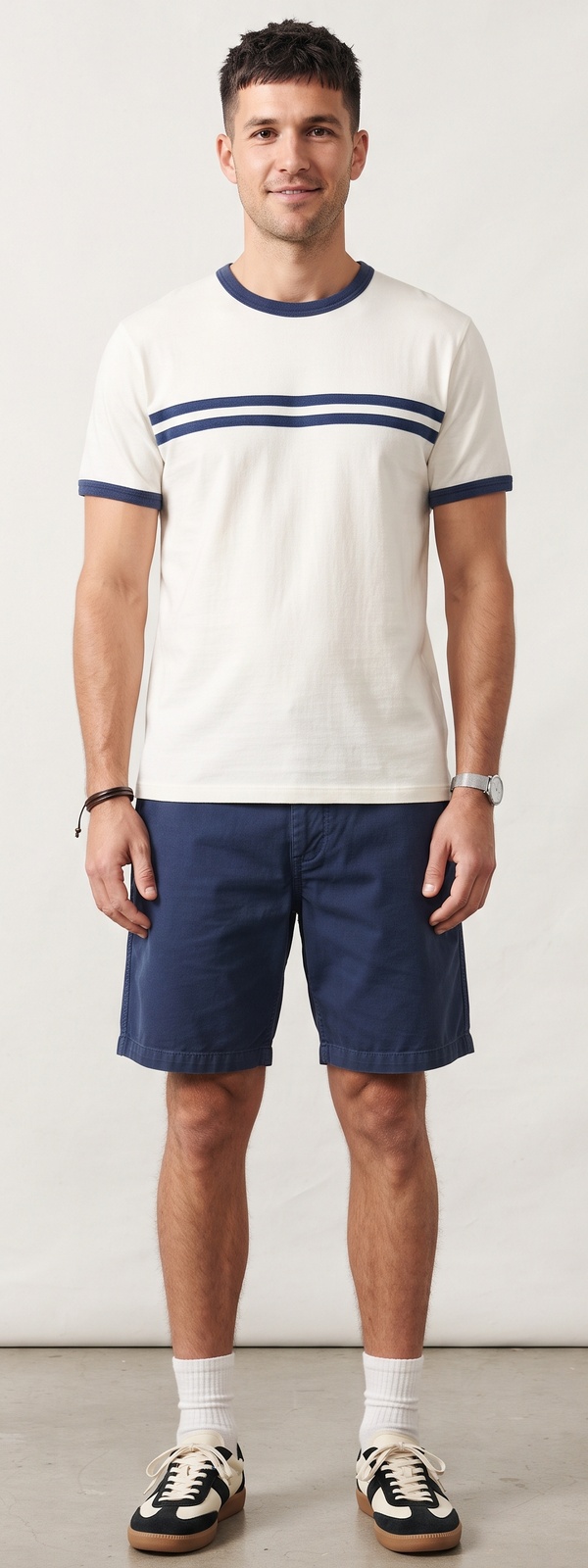 Retro Striped Ringer Tee and Navy Canvas Shorts Summer Look