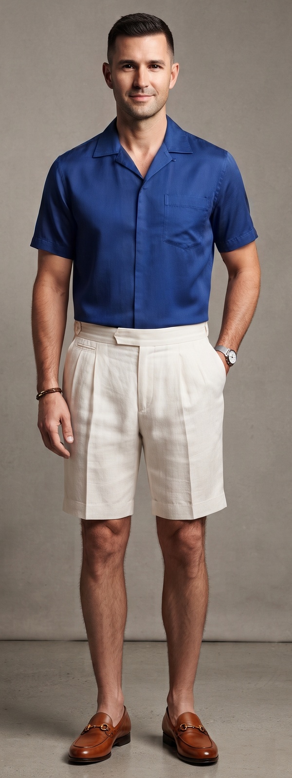 Royal Blue Camp Shirt and Off White Pleated Shorts Summer Look