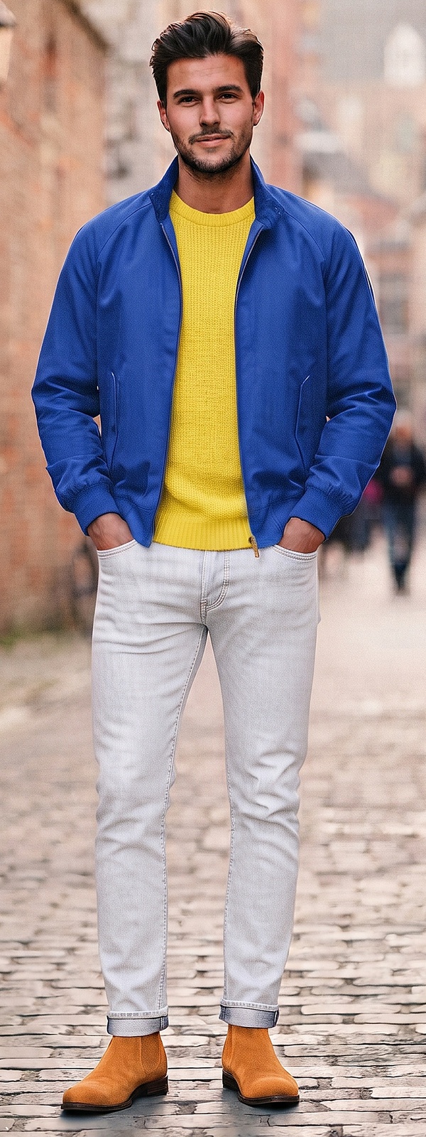 Royal Blue Harrington Jacket Yellow Sweater and Light Grey Jeans Outfit