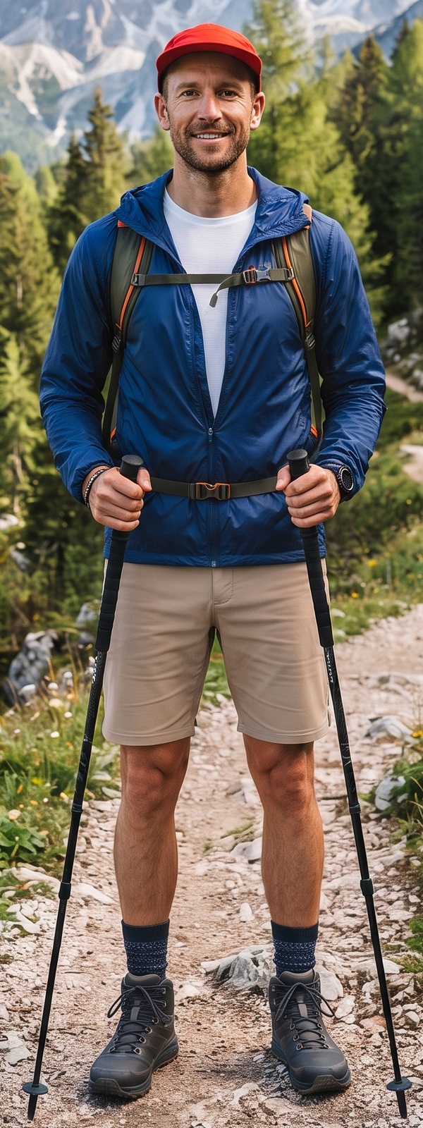 Royal Blue Windbreaker and Tan Technical Hiking Shorts Alpine Adventure Look