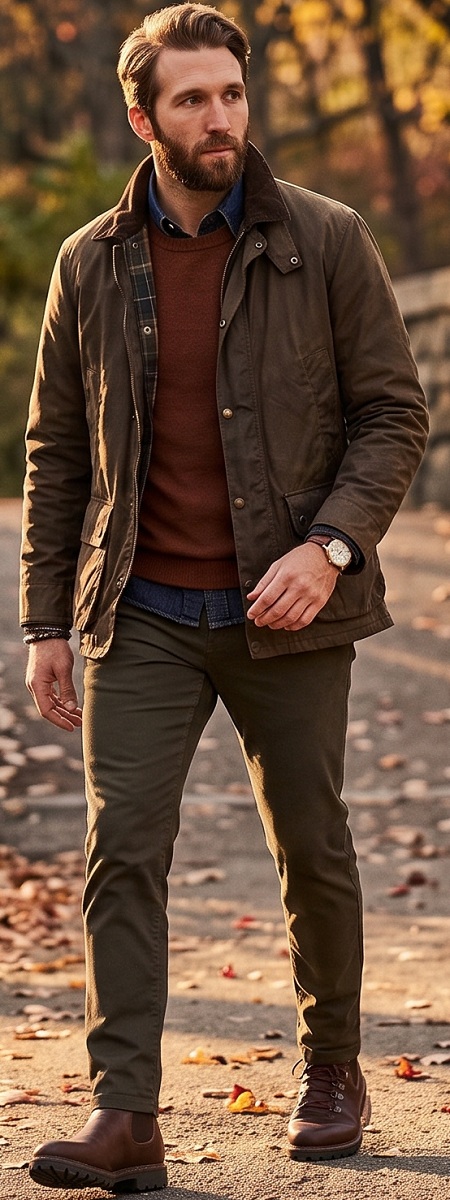 Rugged Autumn Layering Featuring a Brown Field Jacket, Rust Crewneck Sweater, Olive Chino Pants, and Leather Boots