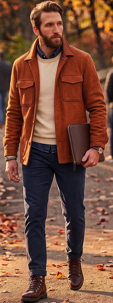Rugged Autumn Smart Casual Outfit with Rust Wool Field Jacket, Cream Crewneck Sweater, Navy Chinos, and Leather Boots