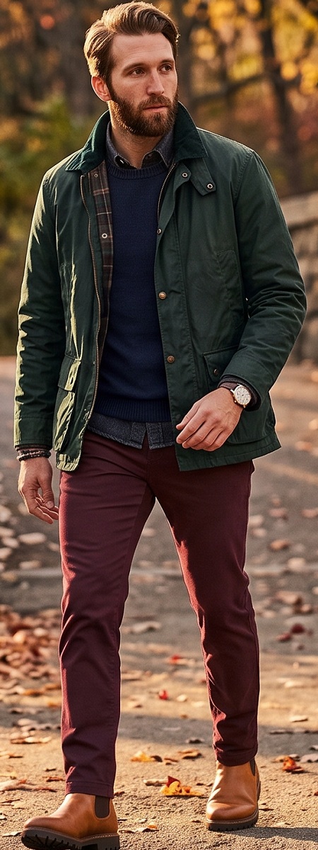 Rugged Autumn Smart Casual Style Featuring Dark Green Field Jacket, Navy Crewneck Sweater, and Burgundy Chino Pants