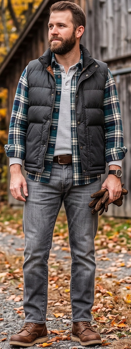 Rugged Autumn Workwear Charcoal Puffer Vest with Plaid Flannel Shirt, Waffle Henley, Grey Jeans, and Moc Toe Boots Outfit
