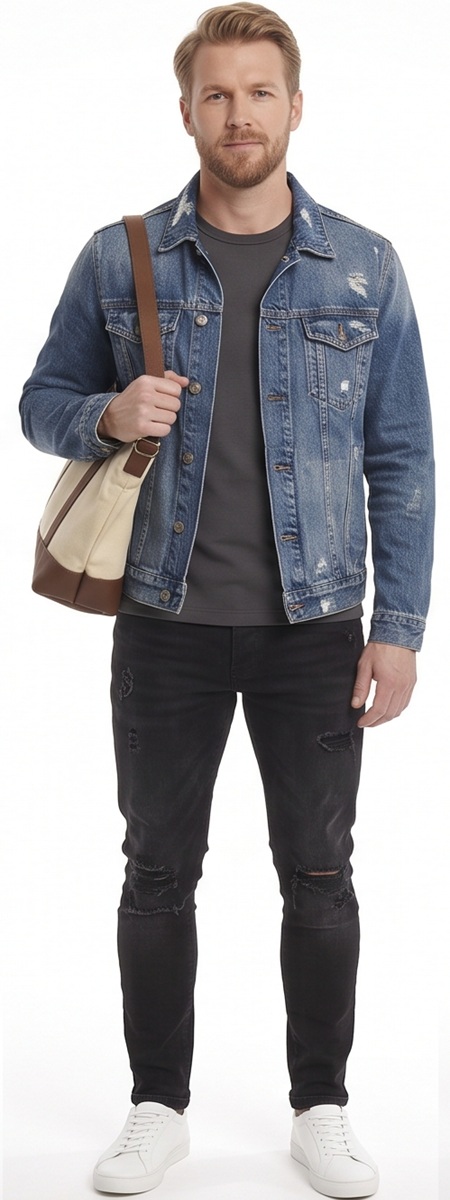 Rugged Casual Style with Blue Denim Jacket and Black Distressed Jeans