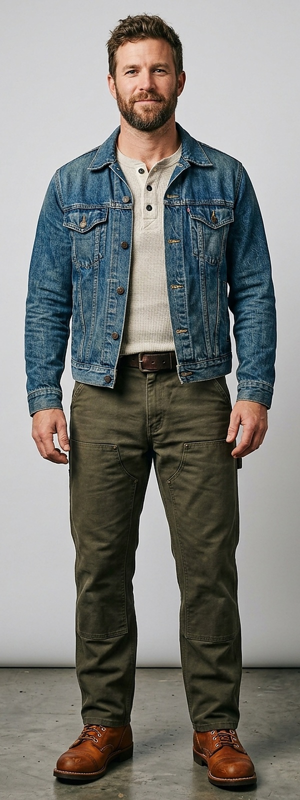 Rugged Americana Indigo Denim Trucker Jacket with Waffle Henley and Olive Canvas Work Pants