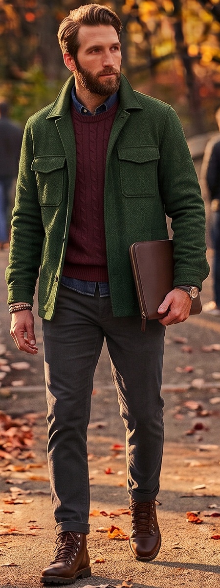 Rugged Fall Smart Casual Outfit with Green Field Jacket, Burgundy Cable Knit Sweater, and Leather Boots