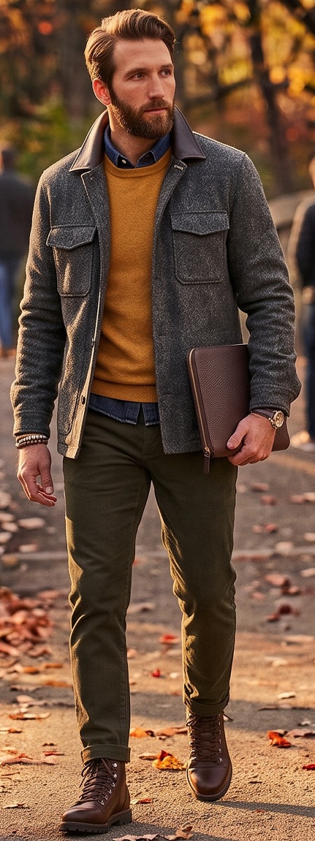 Rugged Fall Smart Casual Outfit with Grey Wool Field Jacket, Mustard Crewneck Sweater, Olive Chino Pants, and Brown Leather Boots