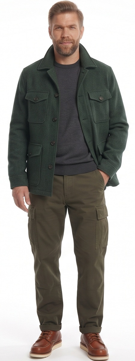 Rugged Men's Dark Green Shirt Jacket and Olive Cargo Pants Winter Outfit