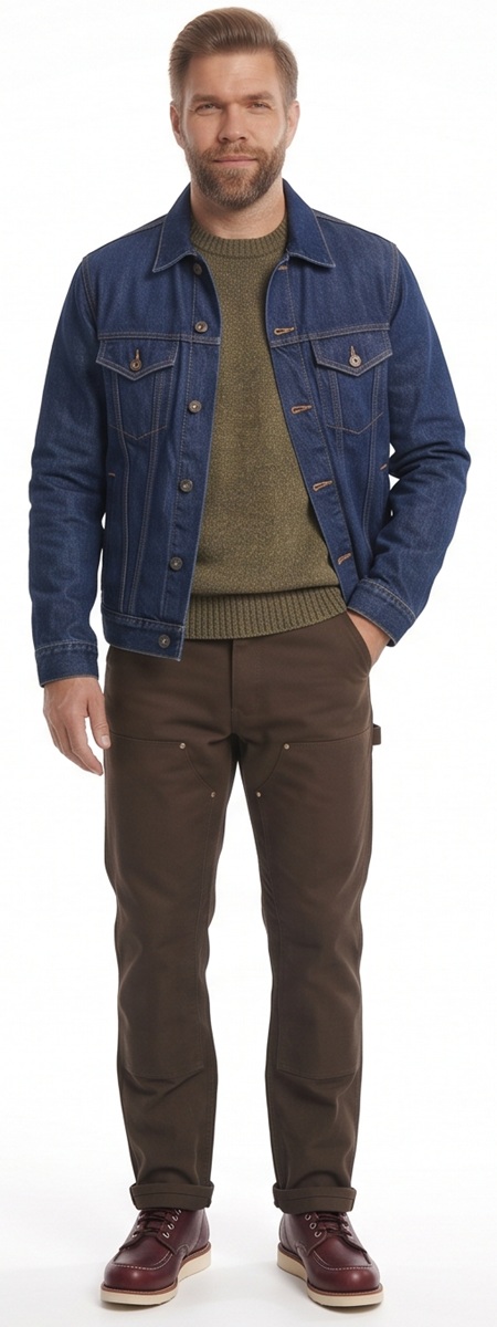 Rugged Men's Denim Jacket and Olive Sweater Layered Outfit with Brown Workwear Pants