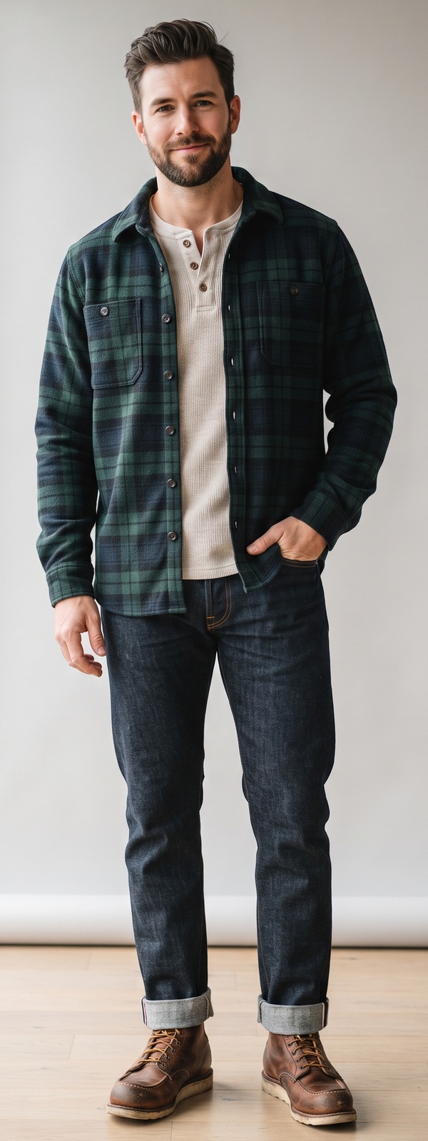 Rugged Plaid Flannel Overshirt with Henley and Selvedge Jeans