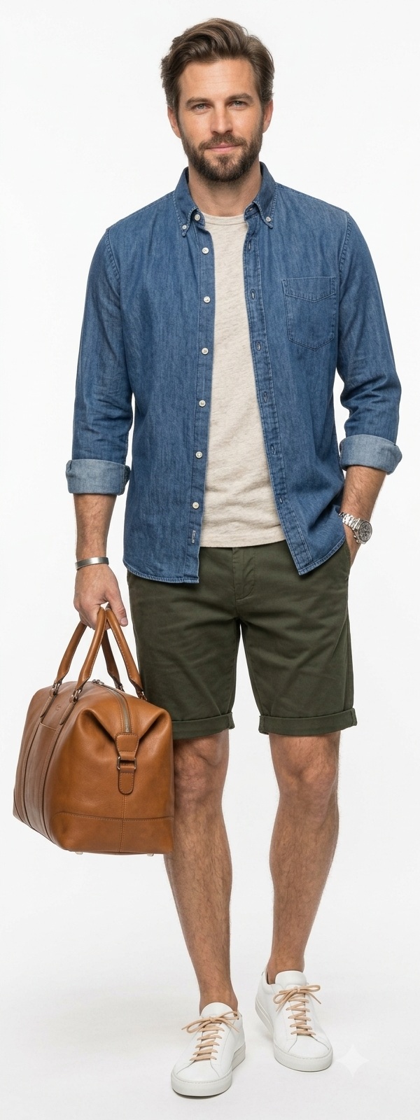 Rugged Summer Layering with Blue Denim Shirt and Olive Green Chino Shorts