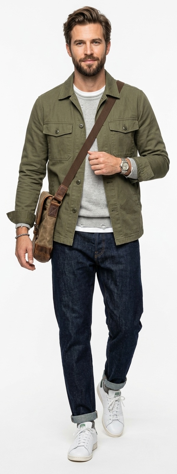 Rugged Transitional Layering with Olive Military Jacket and Dark Indigo Denim Jeans