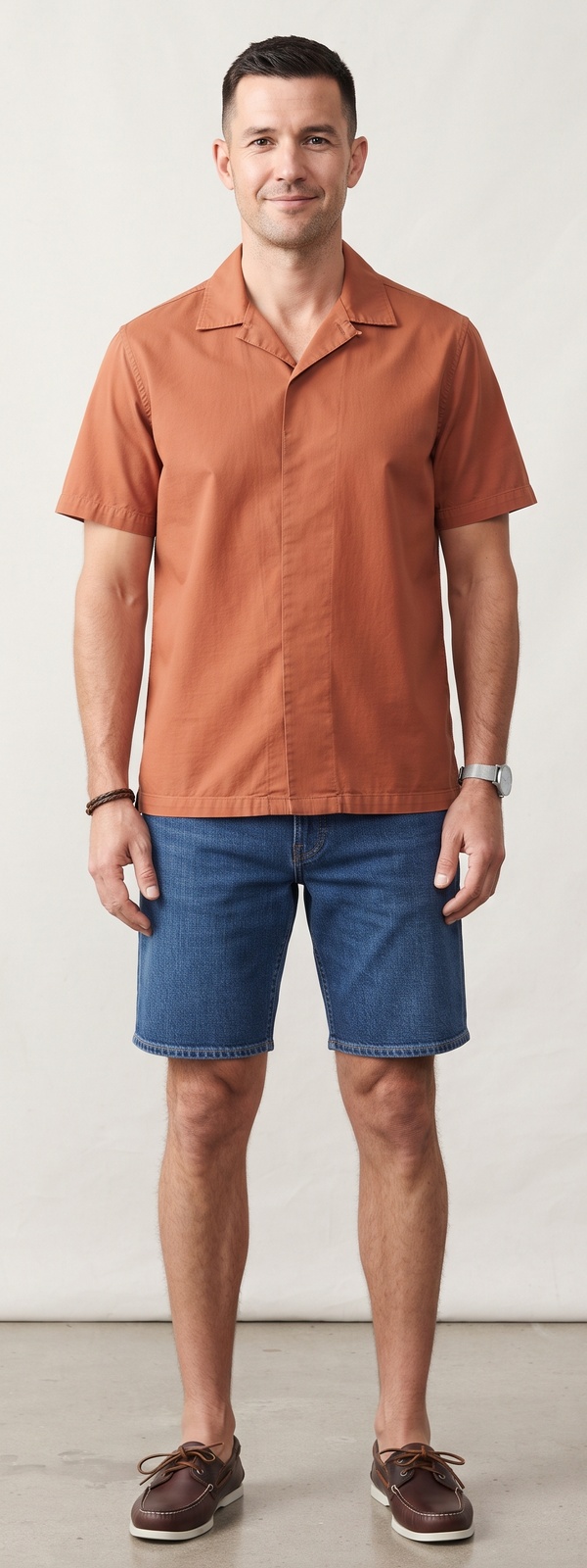 Rust Camp Collar Shirt and Indigo Denim Shorts Summer Look