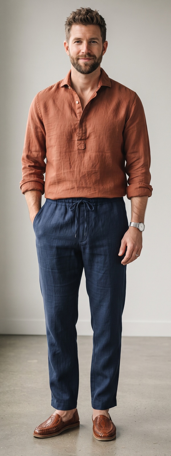 Rust Linen Popover Shirt With Navy Drawstring Pants and Woven Leather Loafers