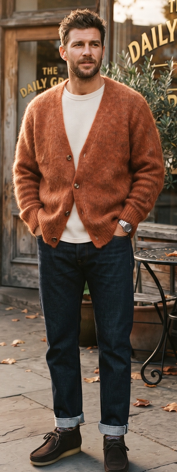 Rust Mohair Cardigan, Waffle Henley, and Raw Denim Jeans
