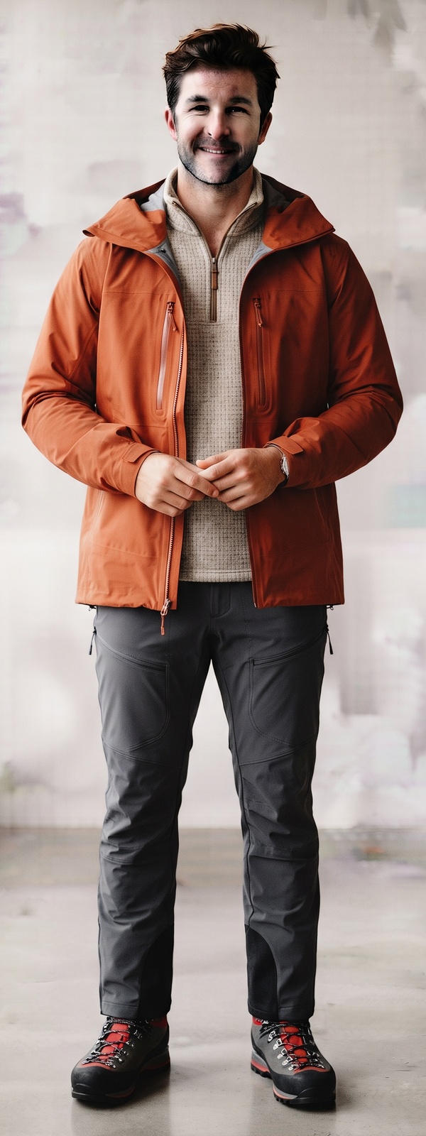 Rust Orange Technical Shell Jacket with Trekking Pants and Hiking Boots